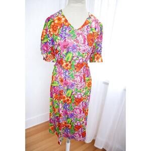 Vintage CLASSICS by Leslie Pay Bright Floral Button Front Midi Dress – Size